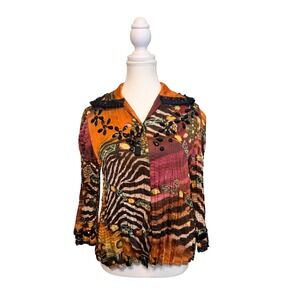 Alberto Makali Embellished Pleated Zebra Print Blouse Orange Medium